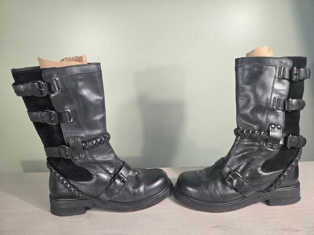 Free People Billie Buckle Leather Suede Mid-Calf Moto Boots Black Sz. 9 - Picture 4 of 13